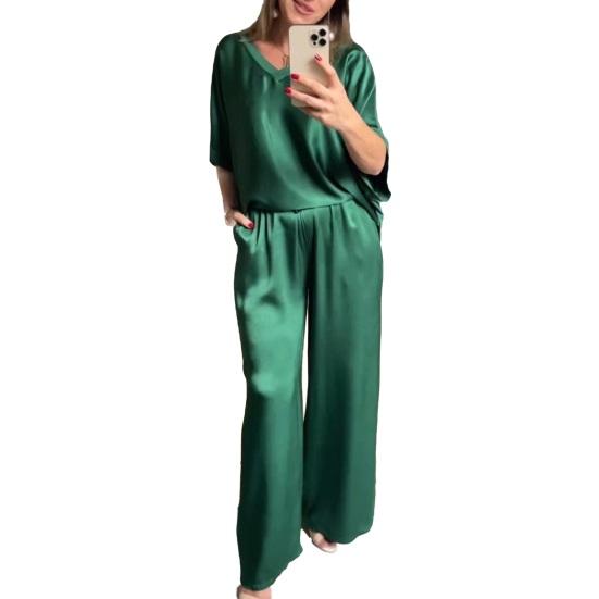 Satin Piece And Outfits for Women Two Wide Leg Pants Set