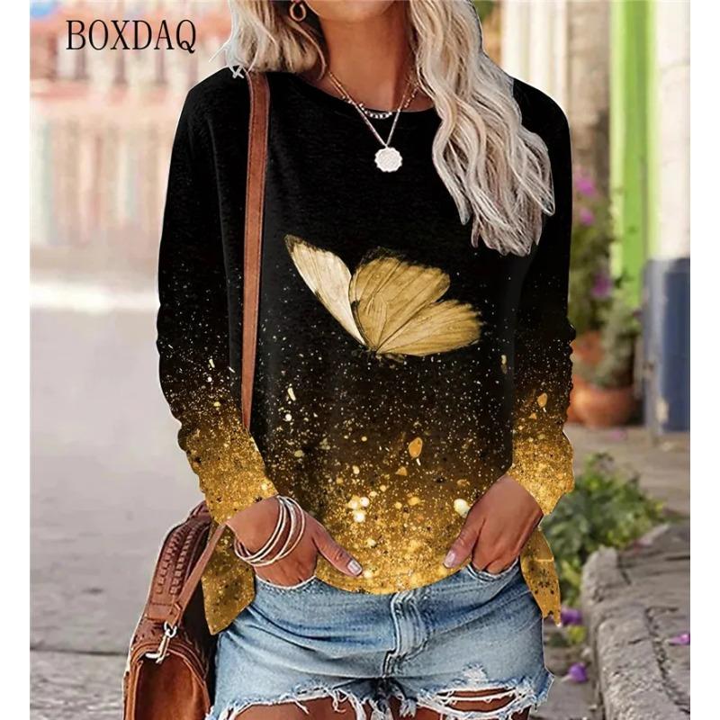 Butterfly Pattern Women Street Hip Hop T-Shirts Long Sleeve Spring Autumn 3d Tie-dye Print Fashion Ladies Tees 6XL Big Size Tops