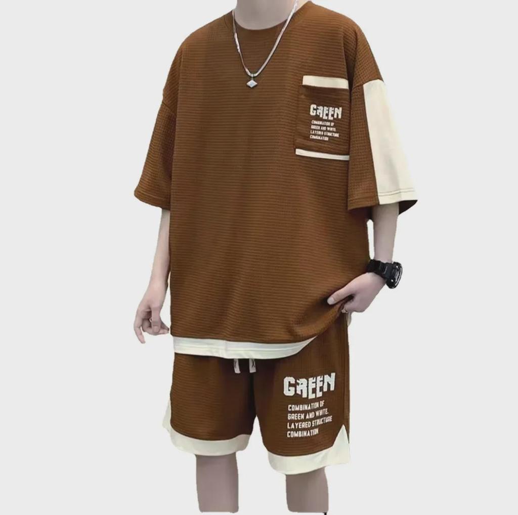 Trendy Korean Hip-Hop Men's Summer Waffle Print Five-Point Sleeve Top