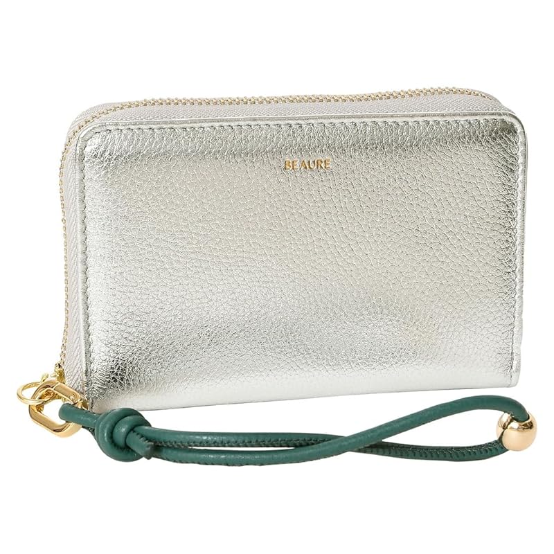 

[BEAURE] [Vuret] B-24097 genuine leather short wallet middle wallet round zipper bi-fold with hand strap ladies silver