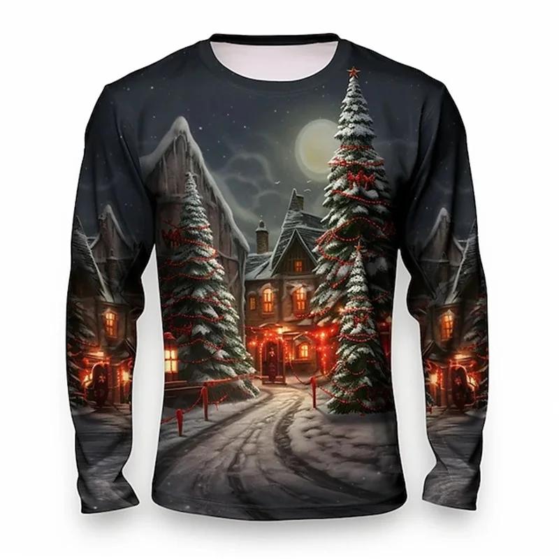 

Spring and Autumn Round Neck 3D Santa Claus and Snow Scene Printed Top Fashionable Casual Long Sleeved Men s T-shirts 5XL