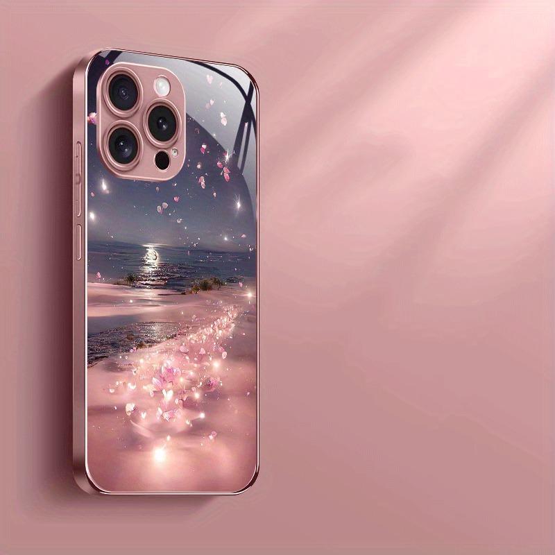 Růžový Květ Stříbrný Plážový Vzor Metalická Barva Skleněné Pouzdro na Telefon Pro iPhone 17 16 15 14 13 12 11 Pro Max 15 Plus 17Air 16E Kryt