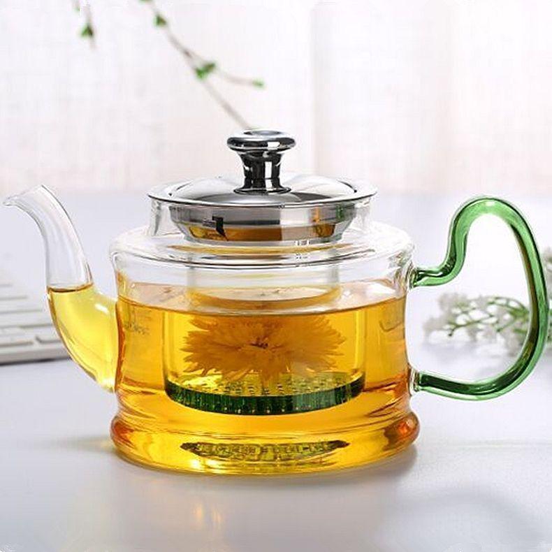 Heat-Resistant Glass Teapot Set with Stainless Steel Infuser and Colored Handle Teacups