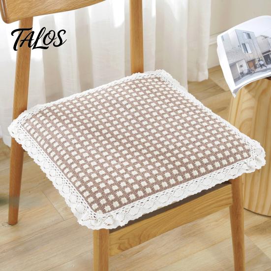 Thin Seat Pad for Home Cotton Linen Chair Pad, Striped Plaid Dining Mat with Lace Trim, Lightweight Wood Chairs Breathable Ties Office Barstool