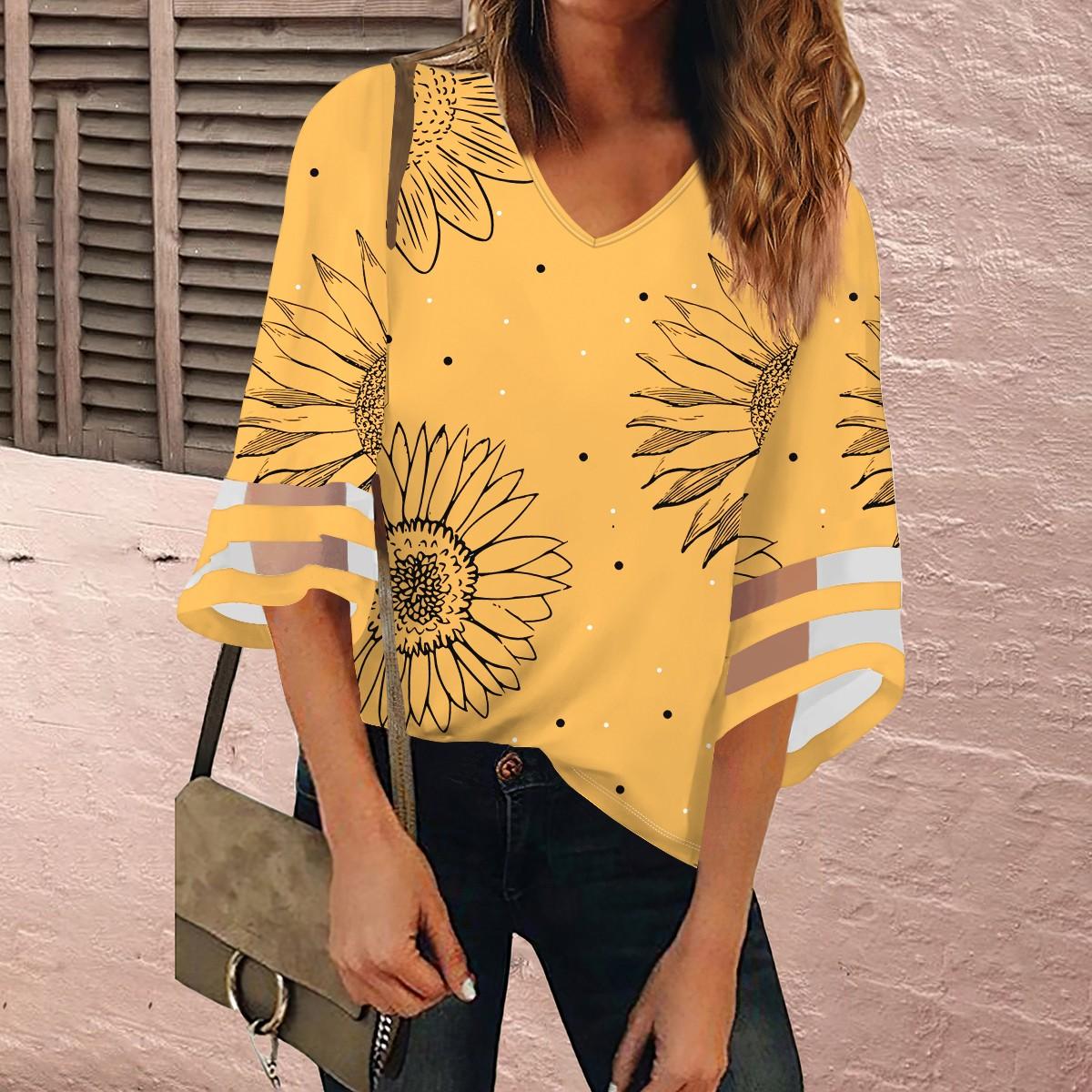 

Жіноча сорочка Блузка Повсякденні вільні сорочки Мереживна обробка з рукавами 3/4 Топи з принтом V-подібним вирізом Топи з принтом Футболки Футболки XL жовтий