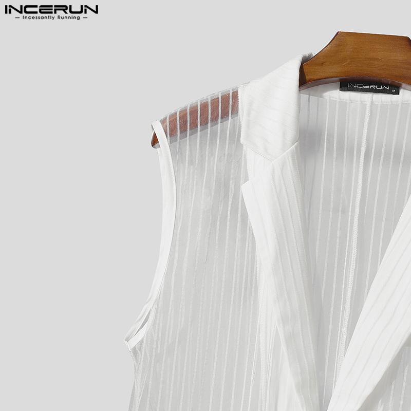 INCERUN Men Lapel Sleeveless Stitching One Button Striped See Through Waistcoats