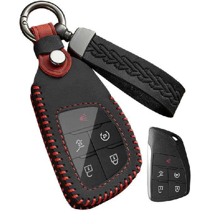 for GMC Key Fob Cover Leather Car Key Case Protector Keychain Smart Key Fob Holder Compatible for Chevy Silverado 1500 LT for GMC Sierra Yukon