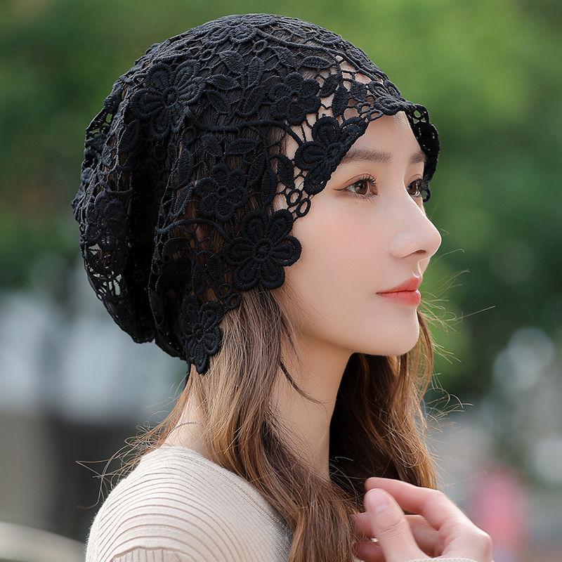 Women's Spring Summer Thin White Hair Cover Hollow Breathable Slouchy Lace Turban Flower Hat