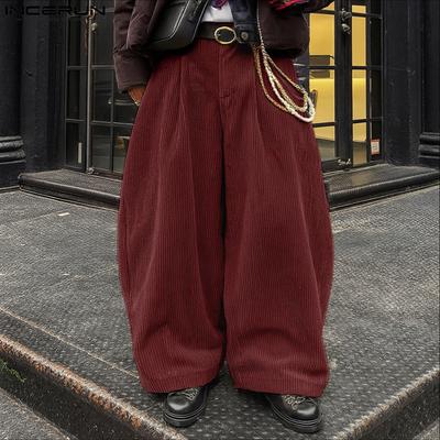 Autumn Spring Men Zipper Waist Casual Corduroy Long Trousers Wide Legs Pants