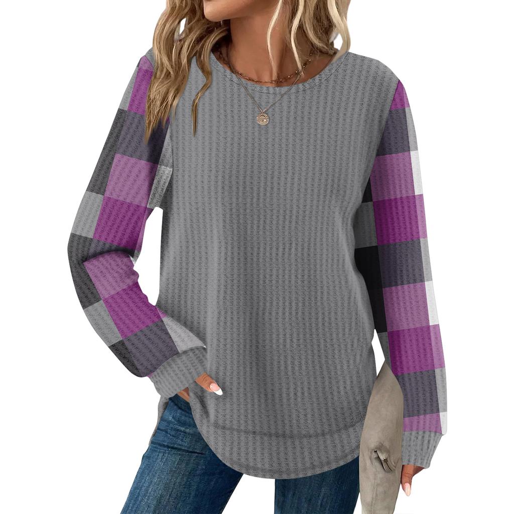 Damrutig tryck rund hals långärmad ledig lös topp