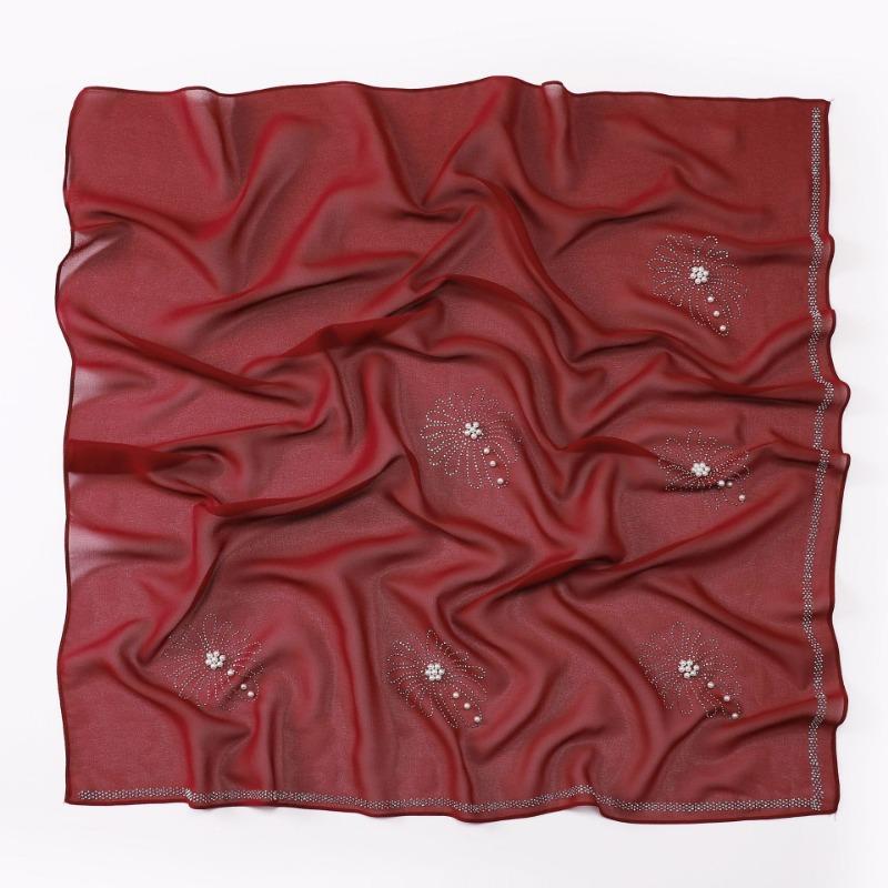 New Pearl Chiffon Daisy Rhinestone Beaded Square Scarf For Women