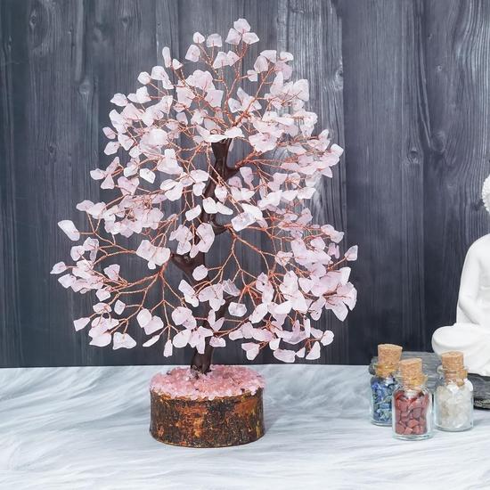 Crocon Rose Quartz Gemstone Tree Feng Shui Figurine Money Bonsai Good Luck Chakra Balancing Gift Size 10-12