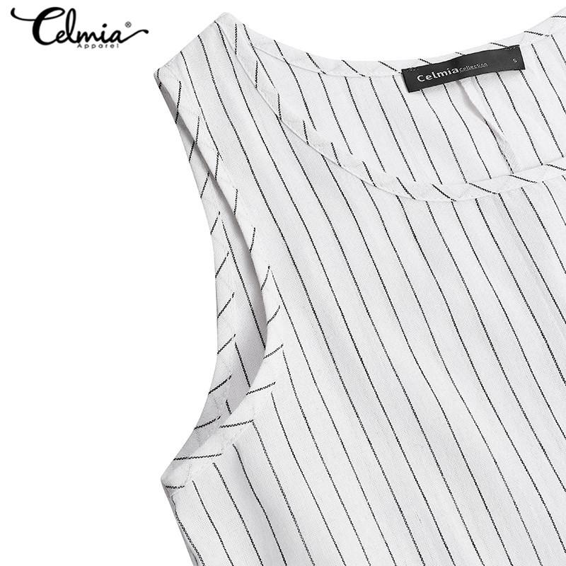 Celmia Rochie maxi din bumbac cu dungi la modă pentru femei, primăvară vară, fără mâneci, cu decolteu O, pliate, lejer, lungi, rochii mari mari