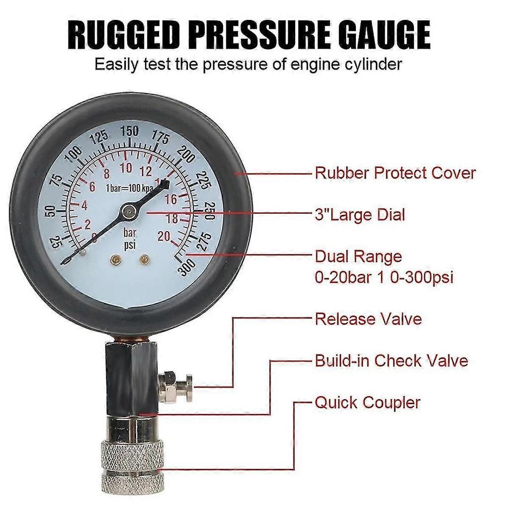 Gasoline Engine Compression Meter with M10 M12 M14 Adapter 0-300 PSI Pressure Gauge Automotive Cyli