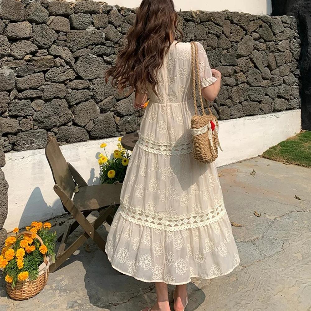 New Summer Fashionable Floral Embroidered Patchwork V-Neck Short-Sleeve Fitted Slimming Midi Dress Women's Holiday Vestidos