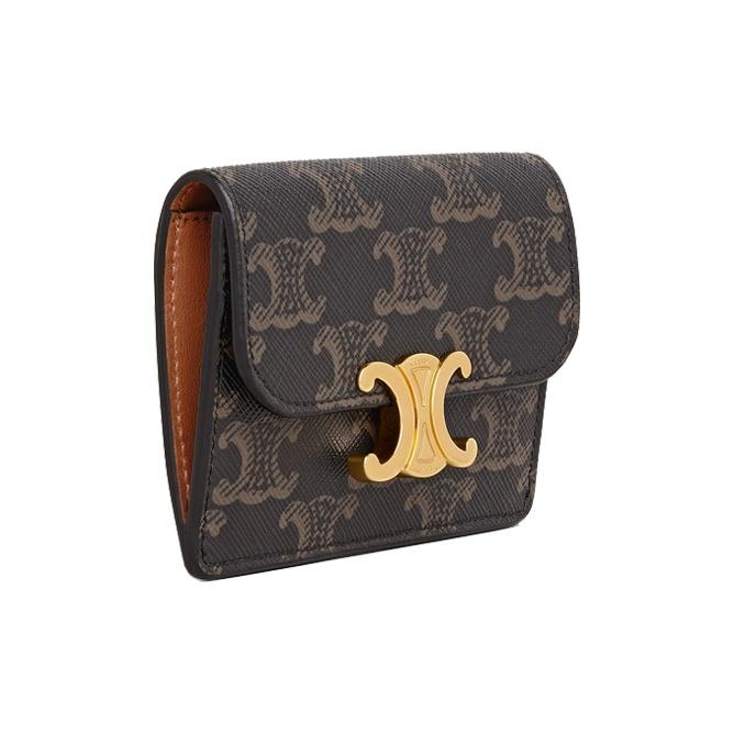 CELINE Triomphe Vintage Classic All-Over Print Metallic-Finish Lock Clasp Tri-Fold Canvas Wallet Small Women's Tan