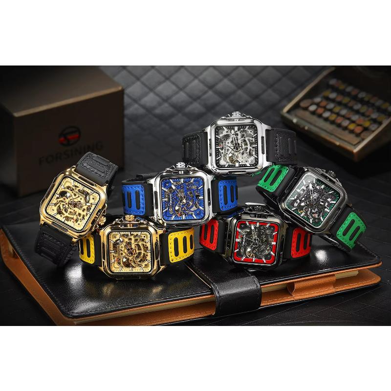 Forsining Square Dial Skeleton Watch Automatic Watch for Men Luxury Sports Mechanical Wristwatch Waterproof Luminous Leather Band
