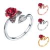 Leaf and Red Rose Flower Open Rings Cuff for Women Flower Charm Adjustable Size Love Romantic Birthday Jewelry GIft for Her
