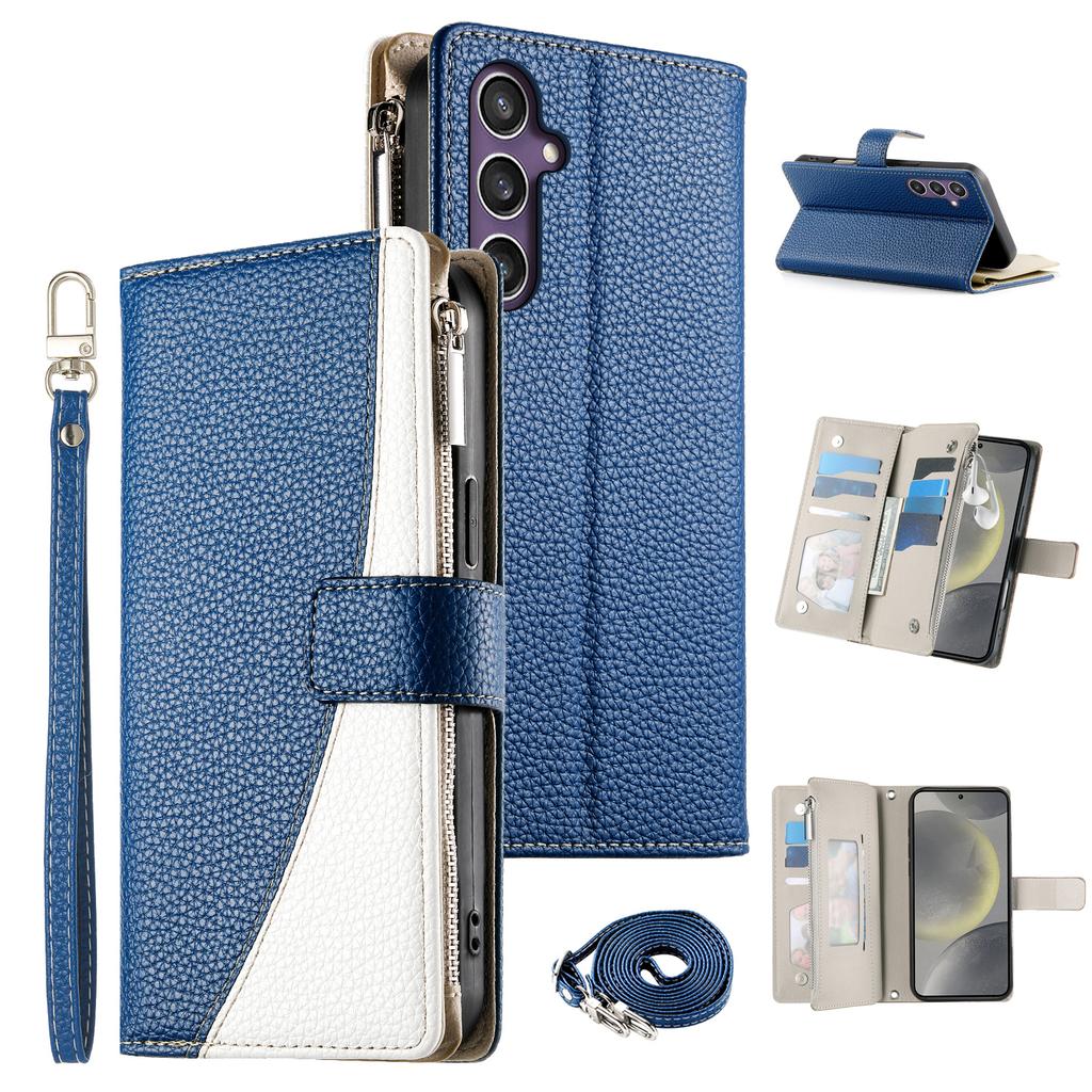 For Samsung Galaxy S25/S24 Case Zipper Wallet Color Splicing Leather Flip Phone Cover with Straps