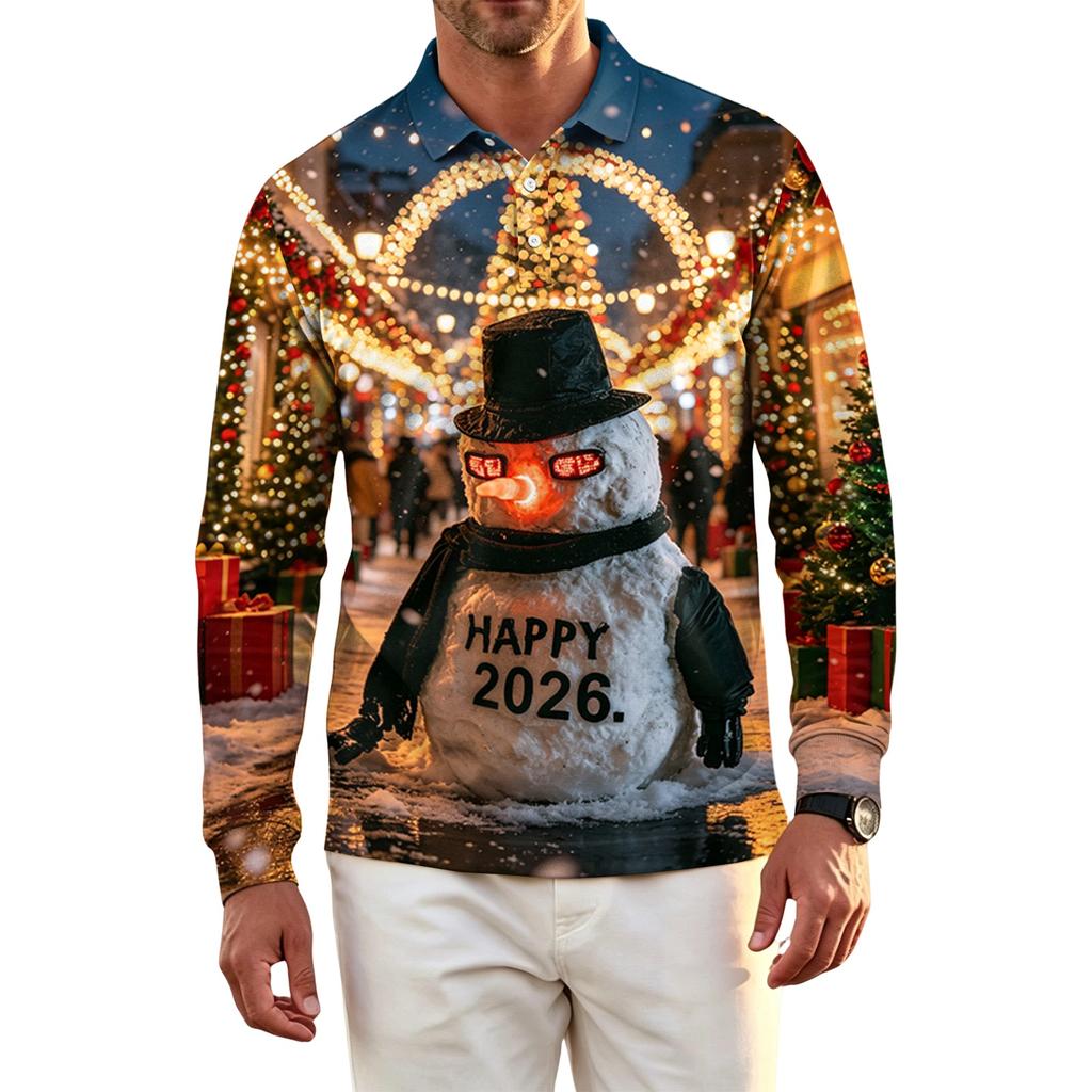 Men's Long Sleeve Golf Shirt Quick-Dry Mesh Casual Top with Christmas Print for Holiday Wear