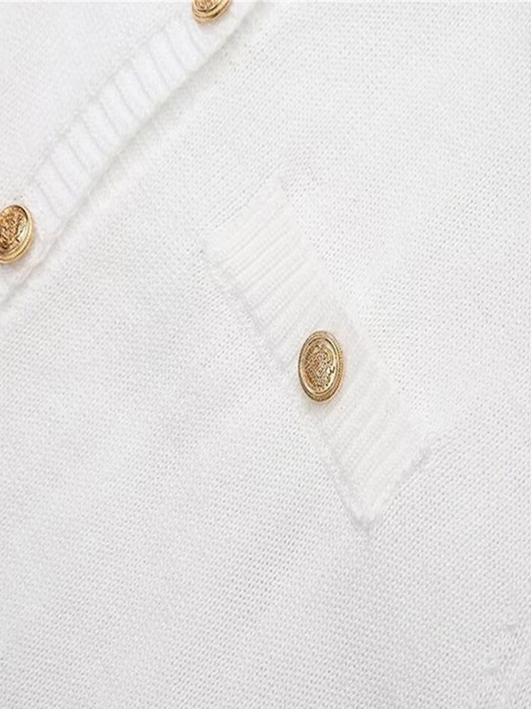 Pletené jednořadé letní falešné kapsy s výstřihem do O-kroju, krátké rukávy, áčkové bílé kancelářské minišaty