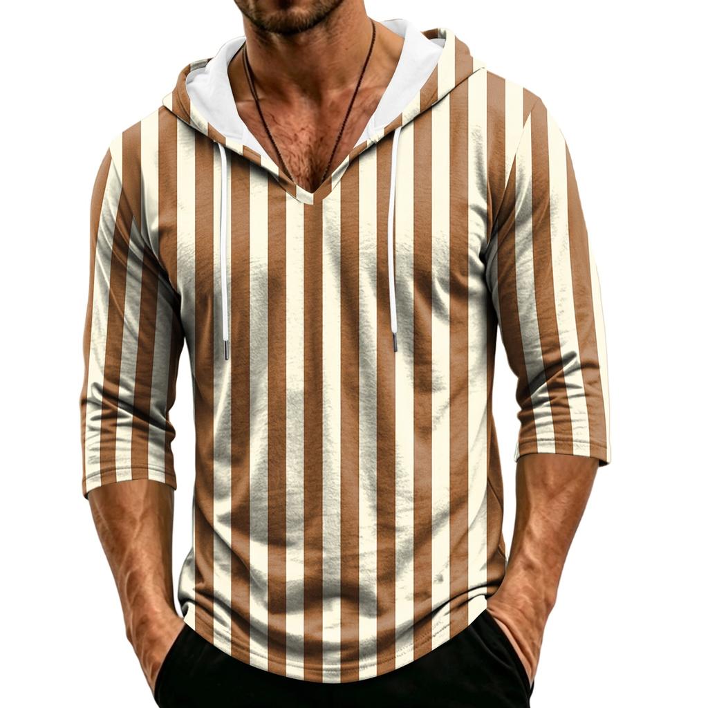 Men's Casual Hooded Striped Three-Quarter Sleeve T-Shirt