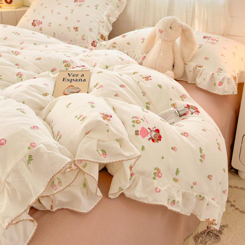 

Комплект из четырех предметов из чистого хлопка с кружевом Мягкая двухслойная пряжа Простыня Простыня Пододеяльник Односпальный Комплект из трех предметов 2.0m four-piece set