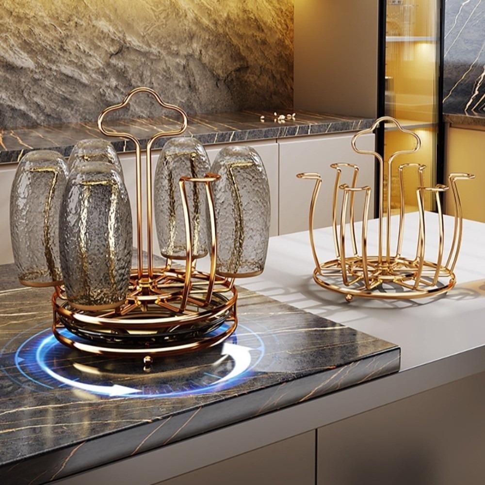 Gold Cup Holder with Water Drain Tray Large Capacity Glass Cup Storage Rack Mug&Cup Organizer Bar