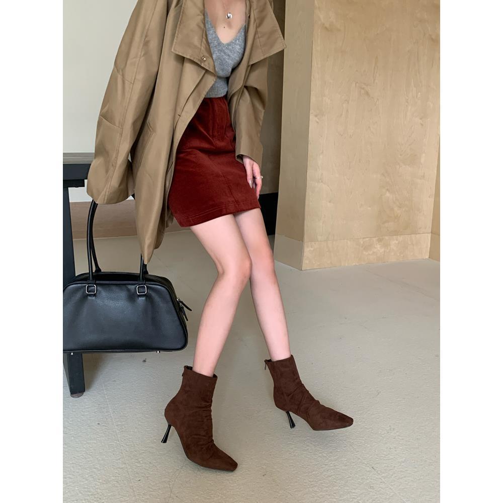 

2025 new spring, autumn and winter retro apricot suede thin boots high heel brown pile shoes medium boots women s shoes 39 коричневый