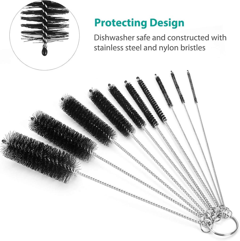 Bottle Cleaning Brushes, 8 Inch Nylon Tube Brush Set, Cleaner for Narrow Neck Bottles Cups with Hook, Set of 10pcs