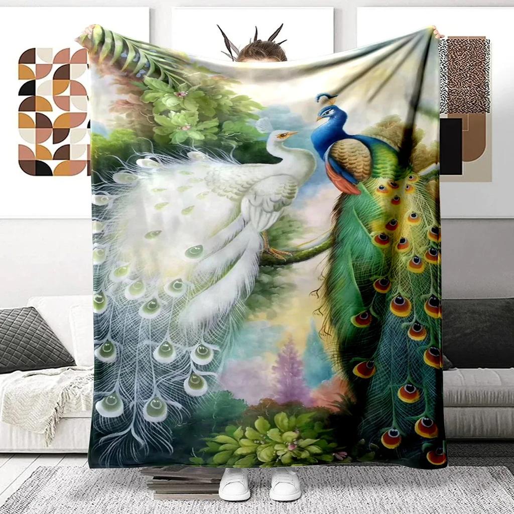 Colorful Peacock Picture Digitalprinted Polyester Bedroom Velvet Flannel Cover Blanket Fleece Soft Sofa Cover Blankets for Beds