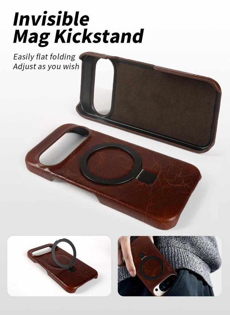 Foldable Bracket Stand Genuine Leather Phone Case For Google Pixel 10 Pro 9pro 9A 8pro 7pro 6 6A Kickstand Protective Back Shell