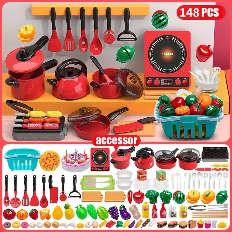 Non-Toxic Kids Toys Pretend Play Red Kitchen Toys Simulation Food Cooking Children'S Children Educational Play House Interactive Toys For Children