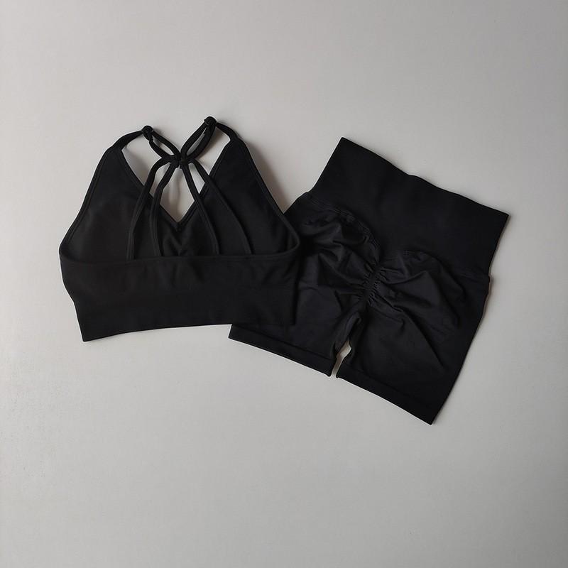 Womens 2-Piece Yoga Set With Built-in Bra High-Waisted 3/4 Legging Shorts Quick-Dry Stretch Sports Suit Gym Workout
