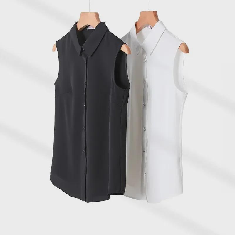 Women's White Sleeveless Chiffon Vest Top with Collar for Layered Wear