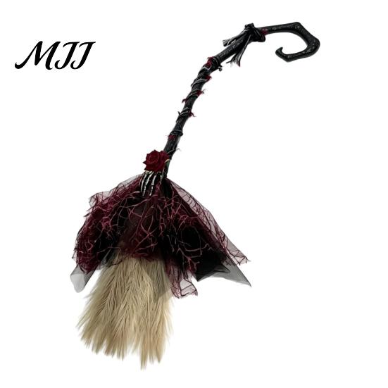 Party Atmosphere Decoration Halloween Witch Broom, Black Tulle Cosplay Costume, Gothic Plastic Broomstick Rose Skeleton Hand for Party, Home