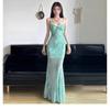 Women's Summer Temperament Waist Seaside Temperament Printed Mesh Suspender Dress Fake Hip Wrap Fish Tail Long Skirt