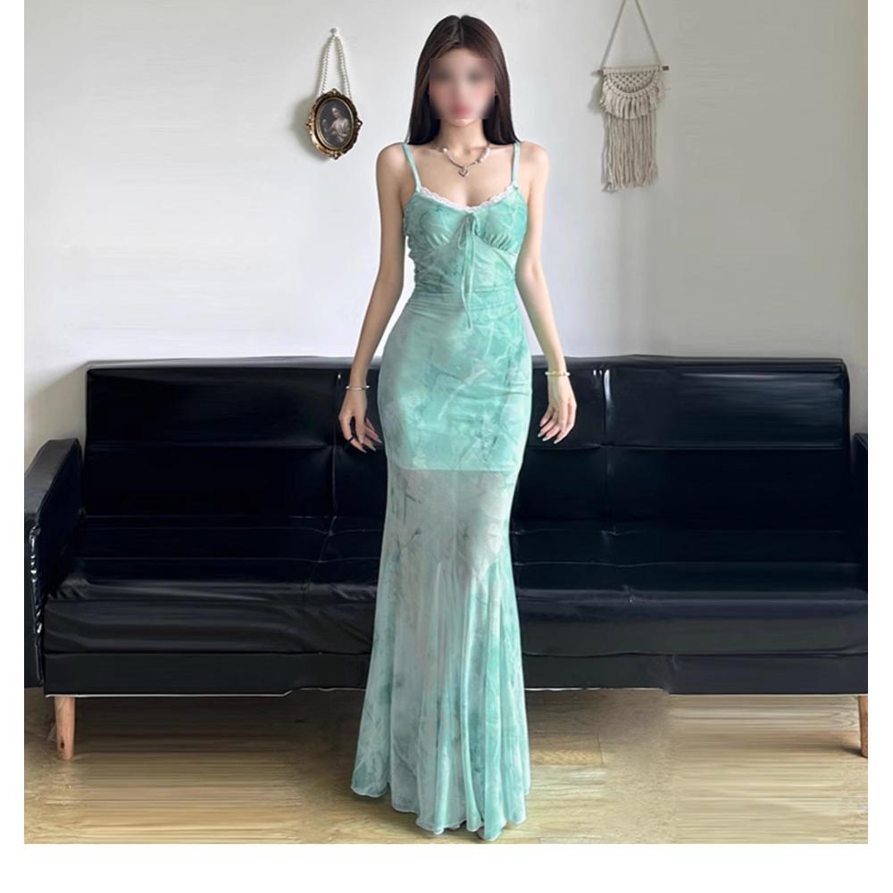 

Женское летнее темпераментное платье на бретельках из сетки с принтом, темпераментное приморское, с эффектом запаха на бедрах и длинной юбкой «рыбий хвост» XL- (recommended 110-60kg)