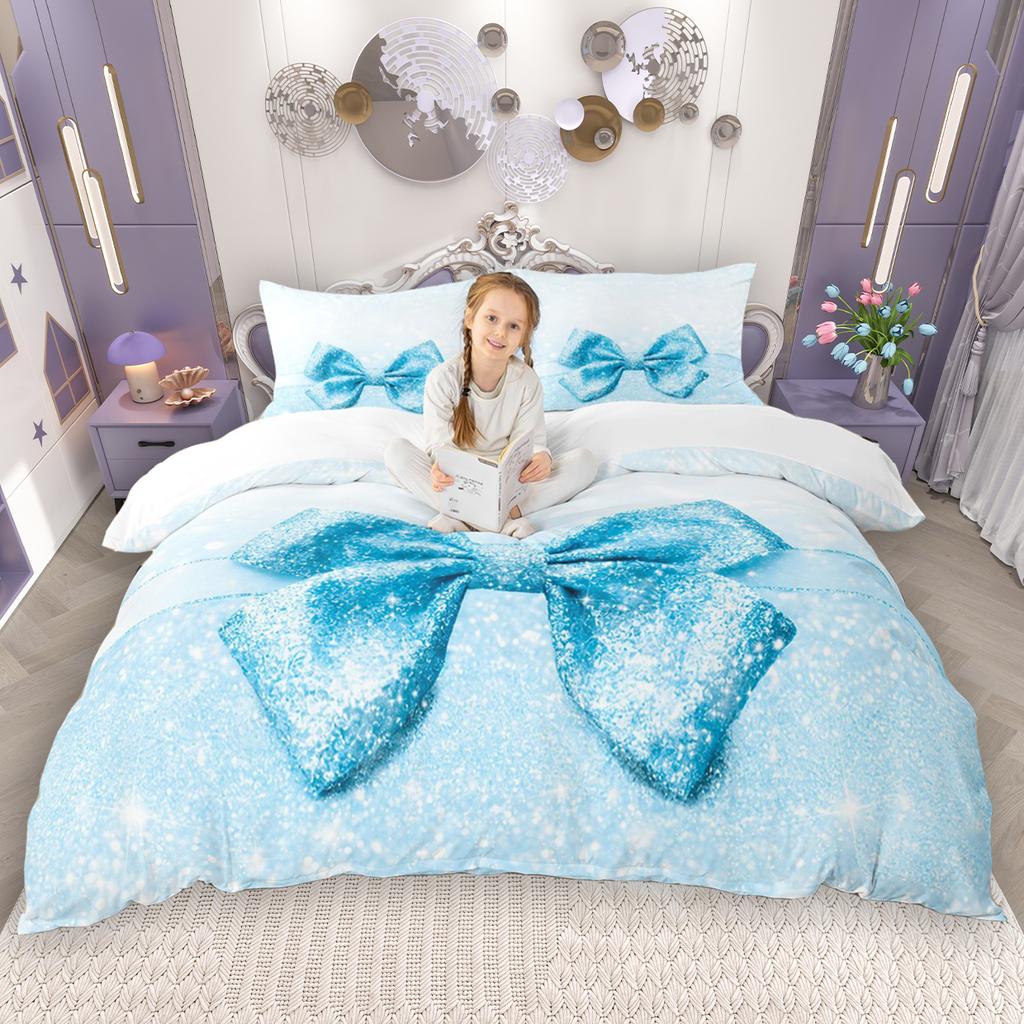 Homewish Kreskówkowy Zestaw Poszewki na Kołdrę z Kokardką 2szt./3szt. dla Dziewczynek, Różowy Zestaw Pościeli z Kokardą, Księżniczkowy Zestaw Pościeli z Wstążką