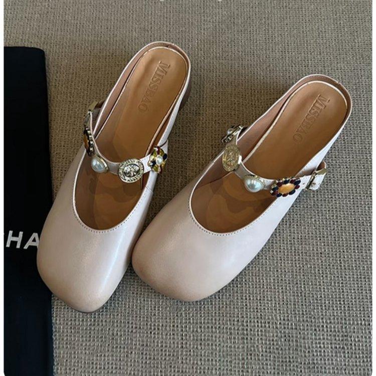 

Soft leather model~ Baotou half slippers women s summer wear high-end feeling with skirt cool slippers one pedal lazy Muller shoes 40