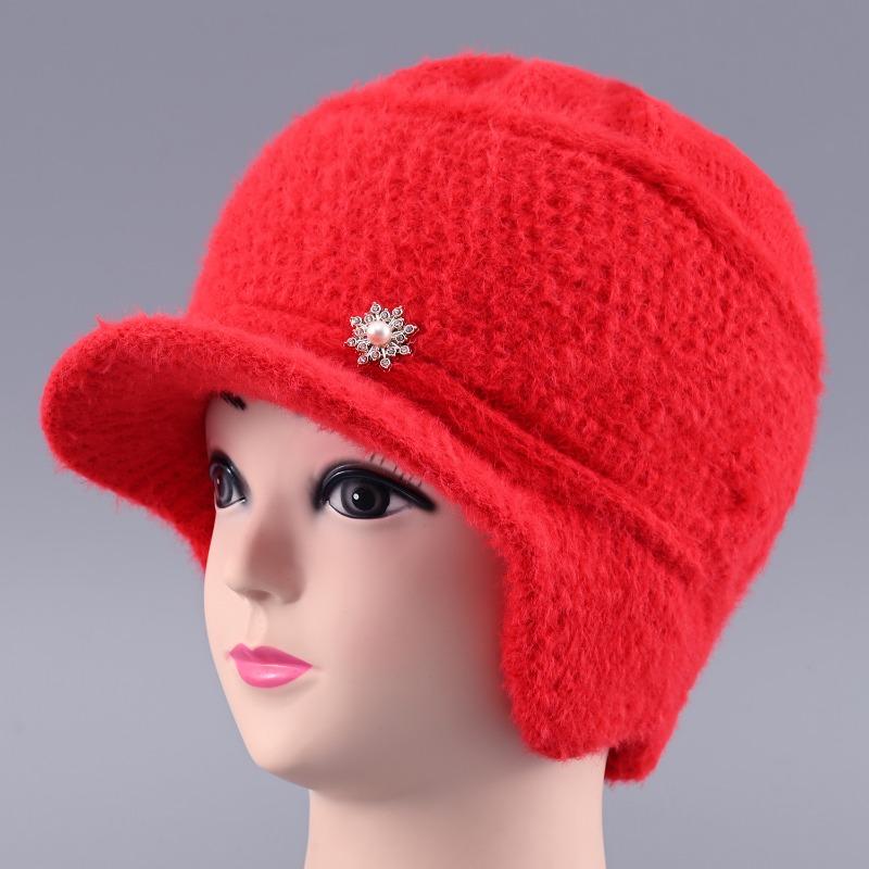 Hat Female Winter Rabbit Hair Warm Wool Hat Old Lady Cold Protection Ear Protection Knitted Hat