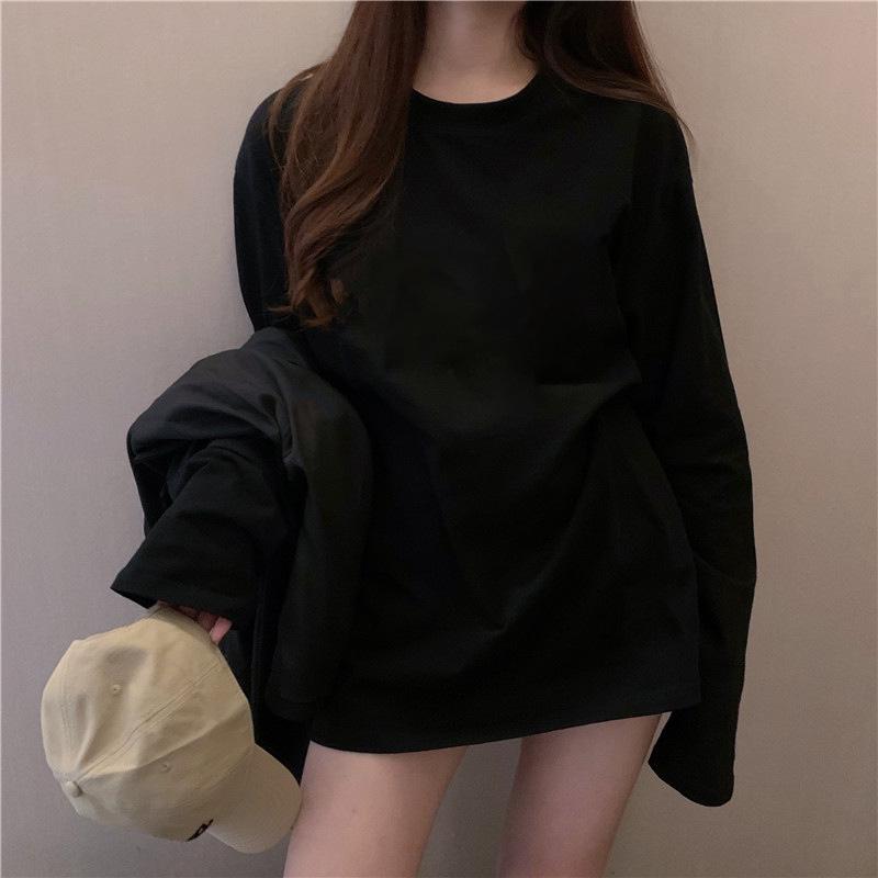 Women's Korean Style Long Sleeve White T-Shirt - Loose Fit, Solid Color, Sun Protection, Ideal for Autumn Layering or Spring Wear.