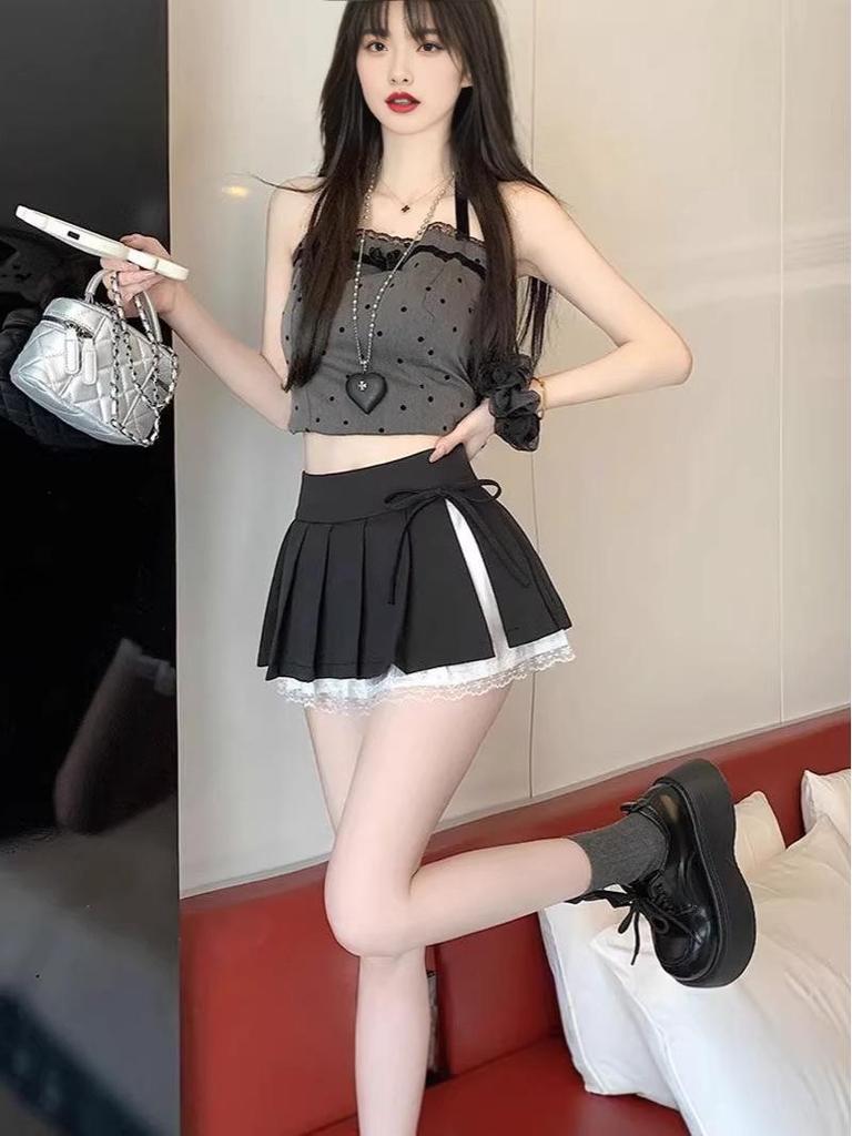 Sweet Pleated A-Line Mini Skirt with Lace Patchwork, High-Waisted and Anti-Exposure, 2025 Summer Collection