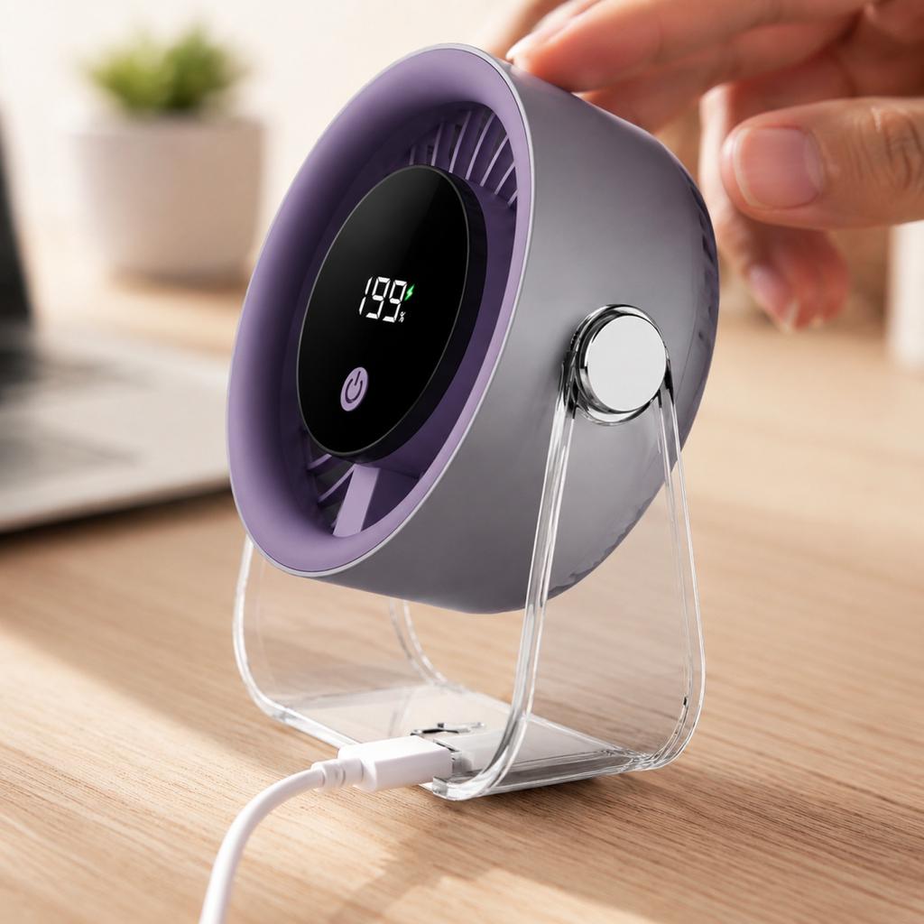USB Rechargeable Desktop Fan with Digital Display - Small Desk Fan for Home Bedroom, 3 Speeds, Timer