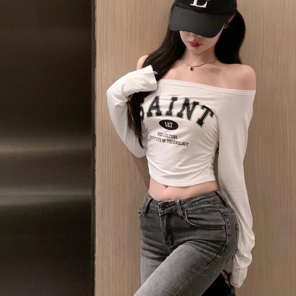 One-word Collar Off-shoulder Sexy Collarbone Low-neck Short Open-button Tight-fitting Long-sleeved T-shirt Women's Slim Print Live Streaming Host Top