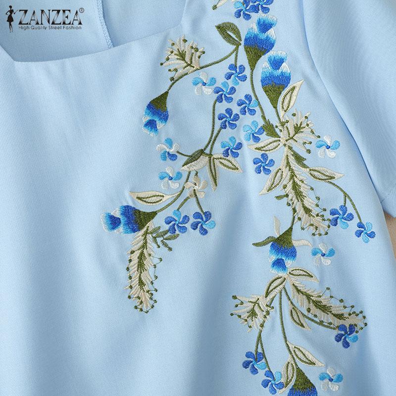 ZANZEA Women Summer Square Collar Casual Short Sleeve Embroidery Blouse