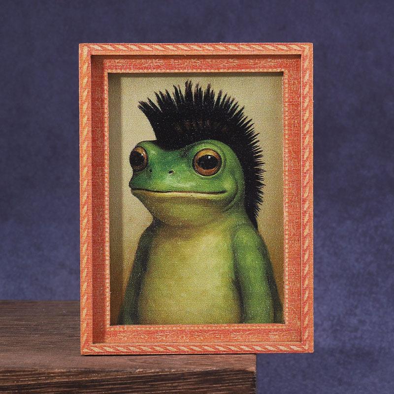 1Pc Mini Wooden Photo Frame Frog Fridge Magnet Funny Green Frog & Haircut Modern Kitchen Decor Refrigerator Ornament