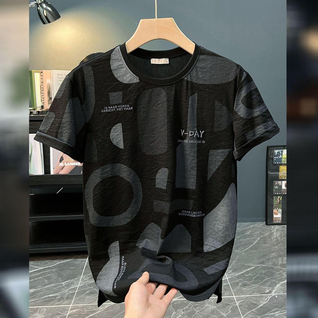 Men's Ultra-Thin Hip Hop Letter Print Short Sleeve T-Shirt, Summer 2024 Korean Style