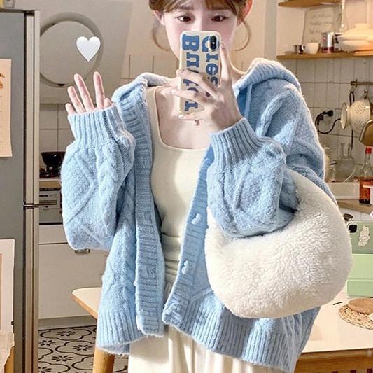 Синий вязаный кардиган Harajuku женский винтажный укороченный свитер с капюшоном милый свободный повседневный трикотаж топы Y2K корейская мода S синий 2463₽