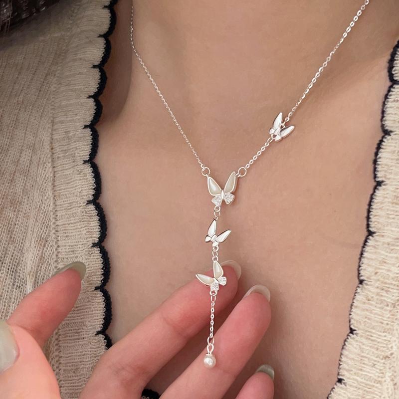 925 Sterling Silver Small Shell CZ Zircon Butterfly Choker Necklace for Women